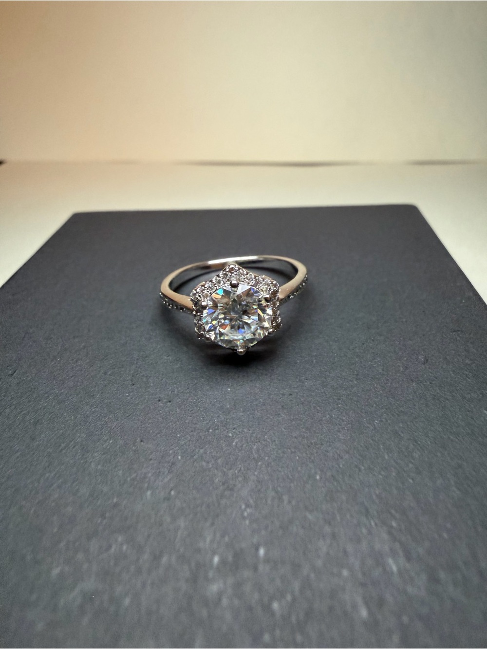 Classic Silver Halo Solitaire Ring with Clear Center Stone